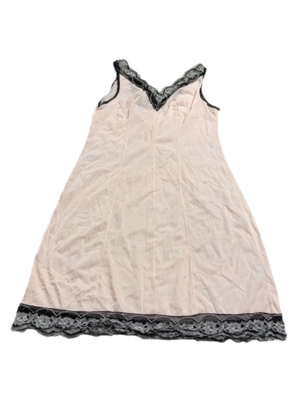 60s/70s European Vintage Perlon Silky Lace Trim Midi Slip Dress (Pink/Black) M/L